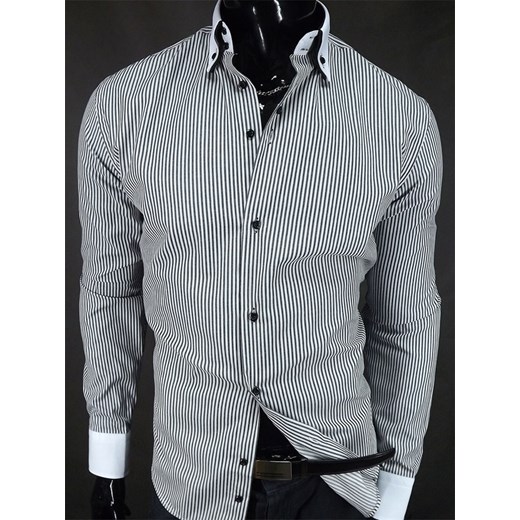 Koszula typu slim- fit, biała w czarne paski z kontrastowymi wykończeniami koszule24-eu szary długie