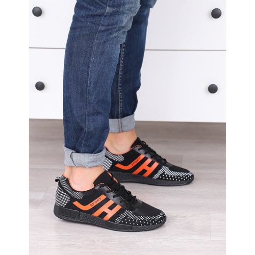 Wygodne czarne sportowe buty męskie z pomarańczowymi i białymi wstawkami - Obuwie K176