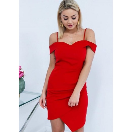 Sukienka bez wzorów czerwona z krótkim rękawem asymetryczna midi 