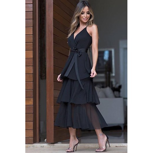 Sukienka IVET z kokardą czarna bez rękawów z dekoltem w literę v 