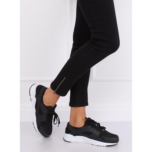 Buty sportowe damskie czarne wiązane bez wzorów ze skóry ekologicznej płaskie 