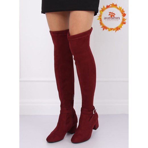 Kozaki damskie eleganckie czerwone bez wzorów ze skóry ekologicznej za kolano 