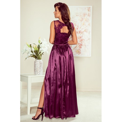 Sally długa suknia z haftowanym dekoltem - śliwka - 256-2 fioletowy  Numoco L TAGLESS