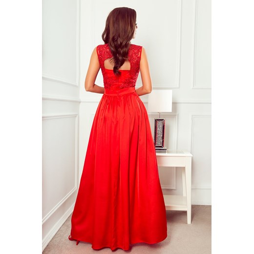 Sally długa suknia z haftowanym dekoltem - czerwona - 256-3 czerwony  Numoco S TAGLESS