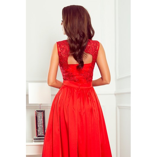 Sally długa suknia z haftowanym dekoltem - czerwona - 256-3 czerwony Numoco  M TAGLESS