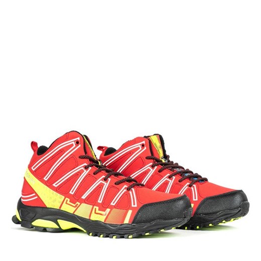 Czerwone sportowe męskie buty trekkingowe z neonową żółtą wstawką Everest - Obuwie  Royalfashion.pl 41 