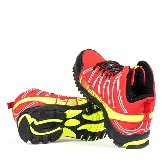 Czerwone sportowe męskie buty trekkingowe z neonową żółtą wstawką Everest - Obuwie  Royalfashion.pl 44 