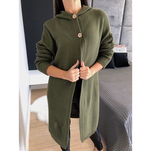 Khaki Jesienny Kardigan 3218-93-G Modnakiecka.pl uniwersalny