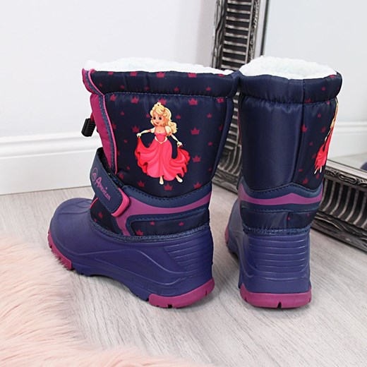 Granatowe buty zimowe dziecięce American Club śniegowce z nadrukami wiązane 