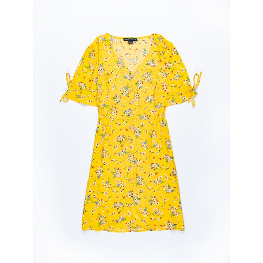Sukienka Gate z krótkim rękawem casual w kwiaty żółta z wiskozy 