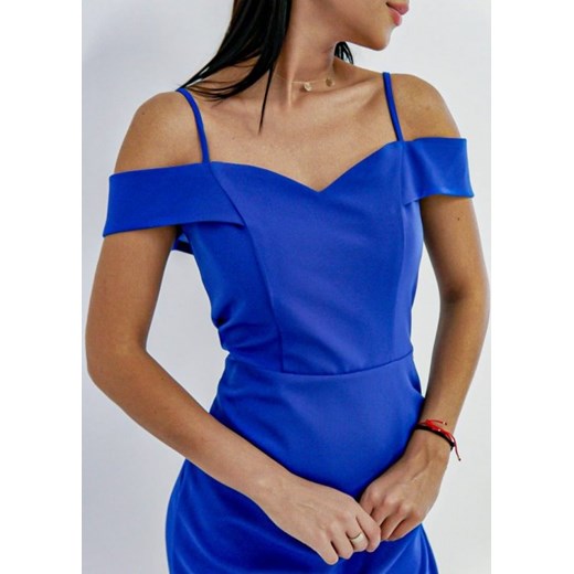 Sukienka bez wzorów niebieska z dekoltem w serek z krótkim rękawem z odkrytymi ramionami elegancka 