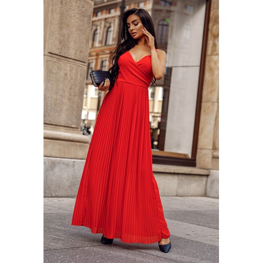 Sukienka Holly Red-RD01-One Size Długa, czerwona szyfonowa sukienka, na cienkich regulowanych ramiączkach, z plisowanym dołem. Molerin  One Size 