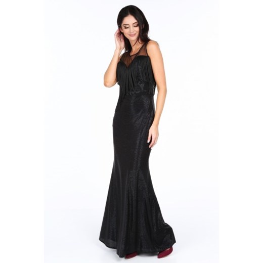 Długa suknia wieczorowa z frędzlami na dekolcie czarna G5133