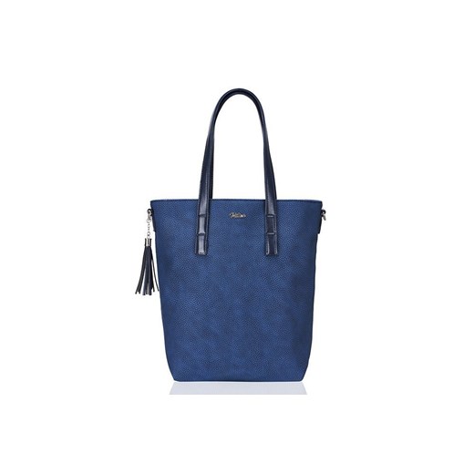 Shopper bag ze skóry ekologicznej z frędzlami niebieska duża matowa 