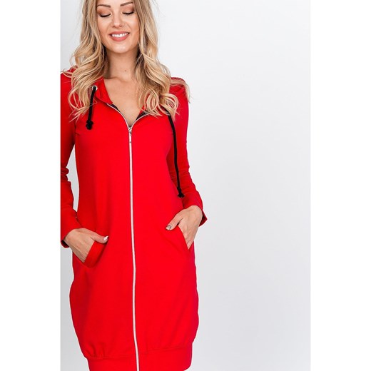 Sukienka czerwona mini z długimi rękawami bawełniana z dekoltem v na randkę 