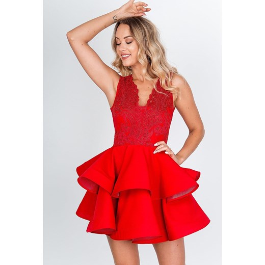 Sukienka czerwona z dekoltem v bez wzorów mini rozkloszowana 