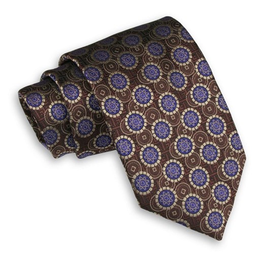 Brązowy Męski Krawat -Chattier- 8cm, Klasyczny, Szeroki, Elegancki, w Niebieski Wzór Geometryczny KRCH1078 ze sklepu JegoSzafa.pl w kategorii Krawaty - zdjęcie 75668914