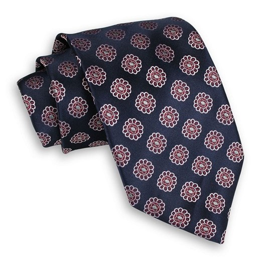 Granatowy Męski Krawat -Chattier- 8cm, Klasyczny, Szeroki, Elegancki, w Biało-Czerwone Kwiatki KRCH1103 ze sklepu JegoSzafa.pl w kategorii Krawaty - zdjęcie 75668980