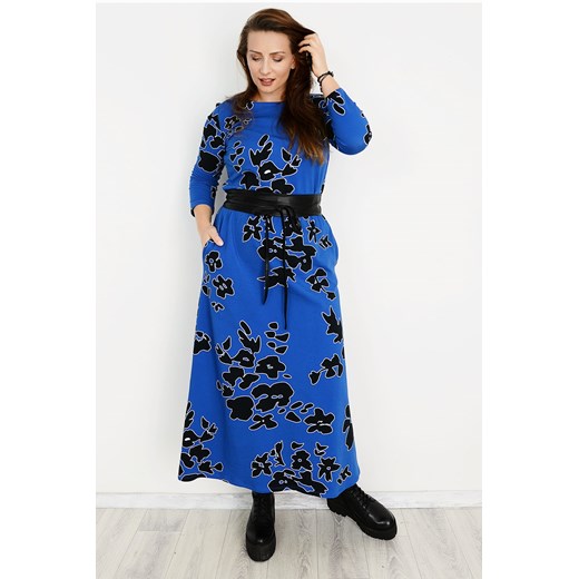 Sukienka Elona maxi niebieska w czarne kwiaty Soybella  48/50 N-Fashion