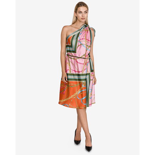 Sukienka Pinko z asymetrycznym dekoltem asymetryczna w abstrakcyjnym wzorze midi 
