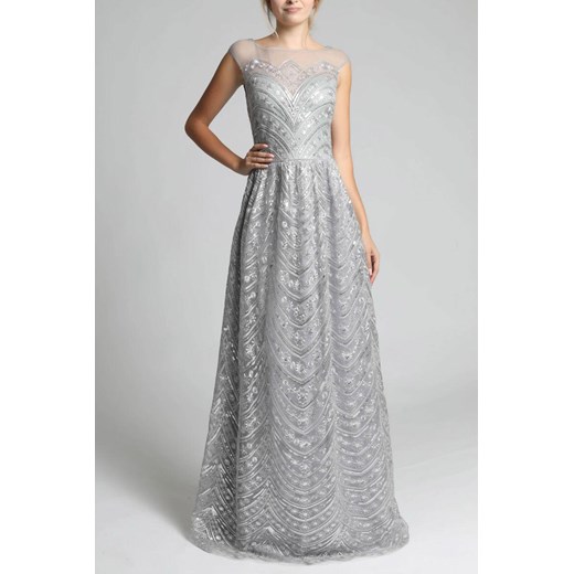 Sukienka koronkowa rozkloszowana srebrna elegancka 