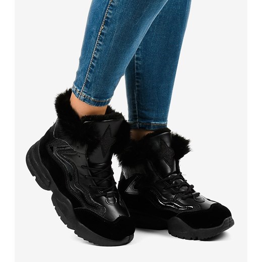 Buty sportowe damskie w stylu młodzieżowym czarne na platformie wiązane 