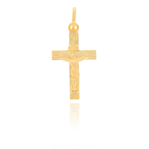 Złoty krzyżyk pr. 585 Krzyż płaski z wizerunkiem Jezusa promienie ZK008   uniwersalny PrezentySrebrne.pl