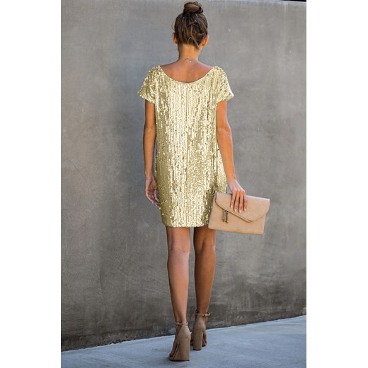 Sukienka złota IVET z krótkimi rękawami z aplikacjami  mini na sylwestra z okrągłym dekoltem 