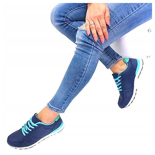Buty sportowe damskie Acris na fitness na płaskiej podeszwie niebieskie skórzane gładkie wiązane 