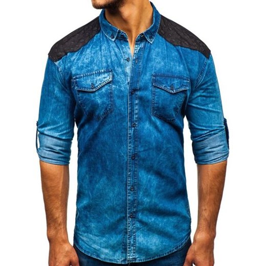 Koszula męska jeansowa we wzory z długim rękawem niebieska Denley 0517