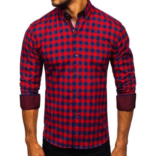 Koszula męska w kratę z długim rękawem czerwona Bolf 4701