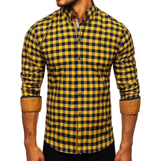 Koszula męska w kratę z długim rękawem żółta Bolf 4701