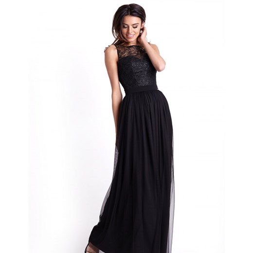 Sukienka Ivon czarna z tkaniny bez rękawów maxi karnawałowa 