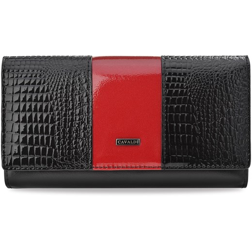 Skórzany dwukolorowy portfel damski cavaldi duża portmonetka z lakierowaną tłoczoną klapką - czerwono-czarny  Cavaldi  world-style.pl