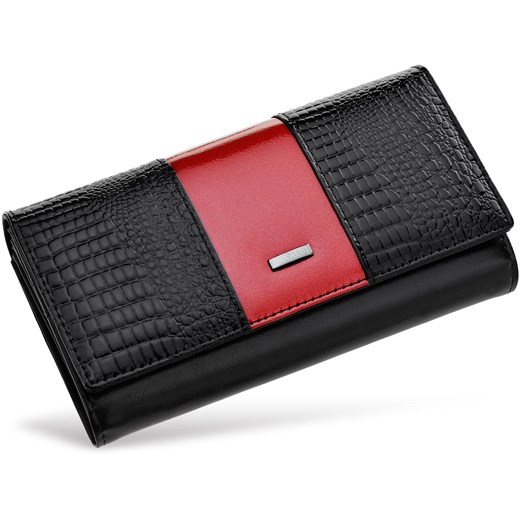 Skórzany dwukolorowy portfel damski cavaldi duża portmonetka z lakierowaną tłoczoną klapką - czerwono-czarny Cavaldi   world-style.pl