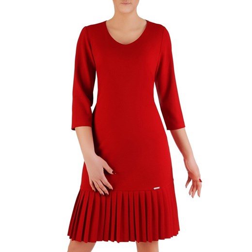 Sukienka czerwona z długim rękawem na spacer midi z okrągłym dekoltem 