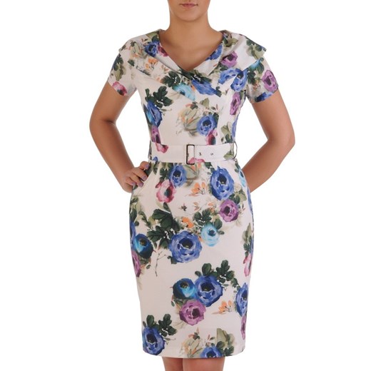 Sukienka elegancka midi z krótkimi rękawami na spacer w kwiaty 