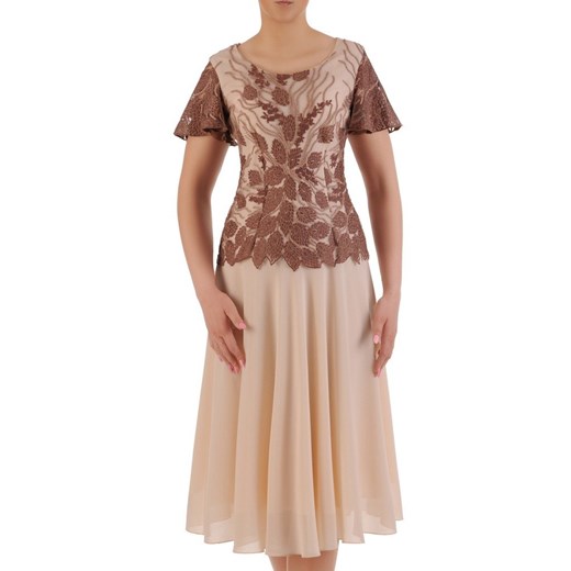 Sukienka z okrągłym dekoltem koronkowa midi rozkloszowana 