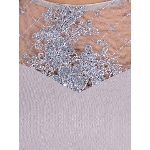 Sukienka Modbis beżowa z okrągłym dekoltem koronkowa z długimi rękawami mini 