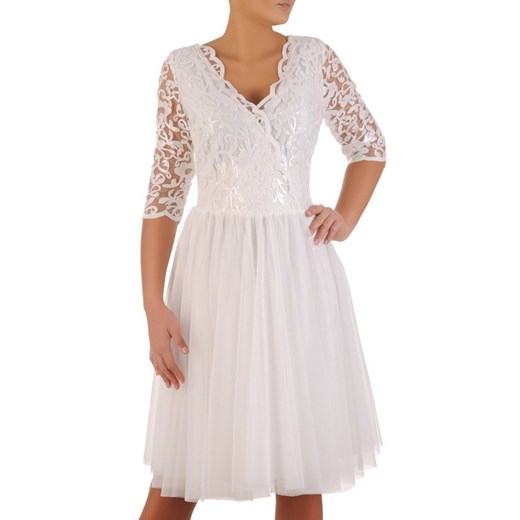 Sukienka Modbis biała w serek koronkowa z długimi rękawami z tiulu midi 