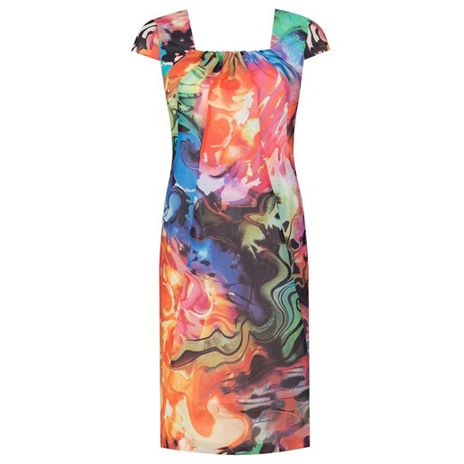 Kolorowa sukienka z szyfonu Mirka, kreacja z ozdobnym dekoltem karo.