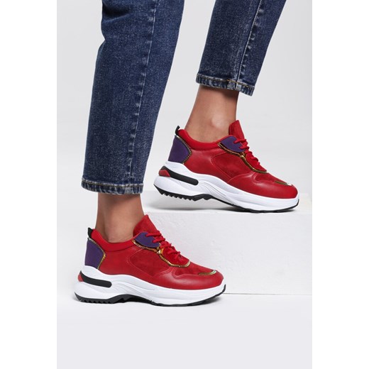 Buty sportowe damskie Renee sneakersy w stylu młodzieżowym czerwone płaskie bez wzorów ze skóry ekologicznej wiązane 