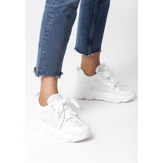 Buty sportowe damskie Born2be w stylu młodzieżowym bez wzorów białe sznurowane na platformie ze skóry ekologicznej 