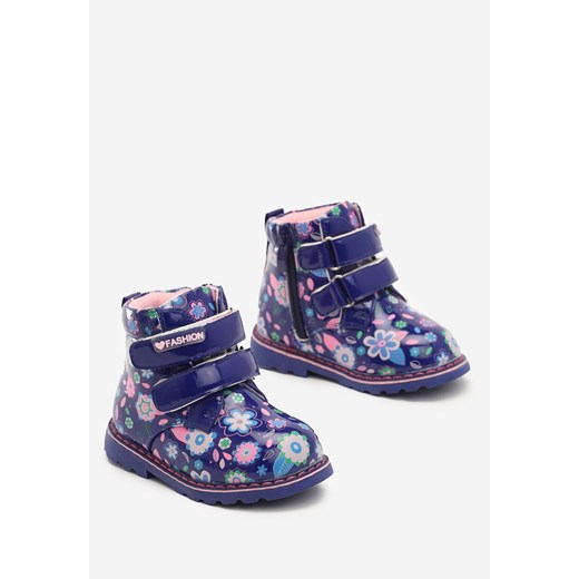 Buty zimowe dziecięce niebieskie Born2be na rzepy w kwiaty 