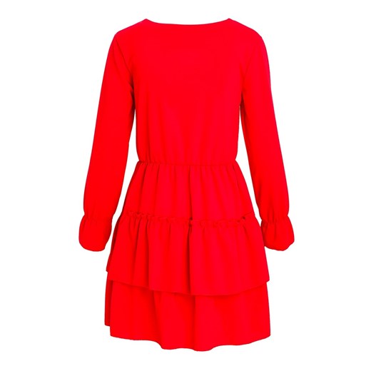 Czerwona sukienka Born2be z długim rękawem mini bez wzorów z dekoltem w serek 