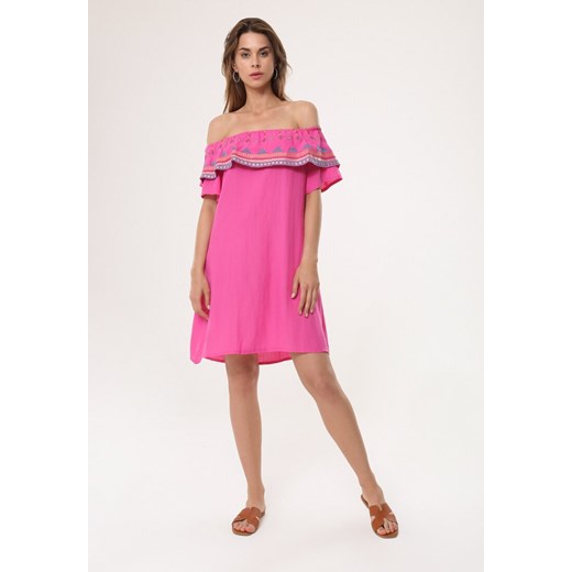 Born2be sukienka różowa casual na spacer z krótkim rękawem w abstrakcyjne wzory 