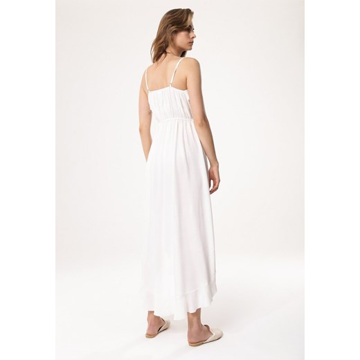 Sukienka Born2be asymetryczna biała na ramiączkach maxi z dekoltem w literę v na urodziny 