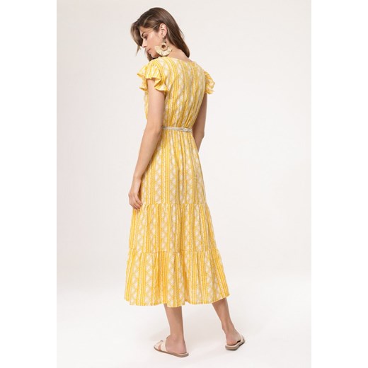 Sukienka Born2be maxi z dekoltem v żółta rozkloszowana z krótkim rękawem casual 