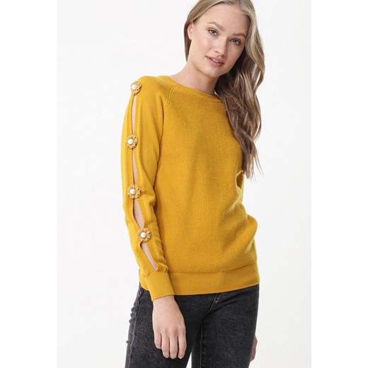 Sweter damski żółty Born2be casual z okrągłym dekoltem 
