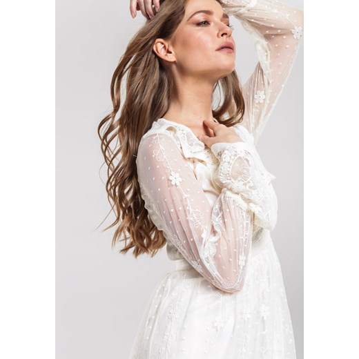 Biała sukienka Renee z dekoltem w serek z długim rękawem z koronką rozkloszowana 